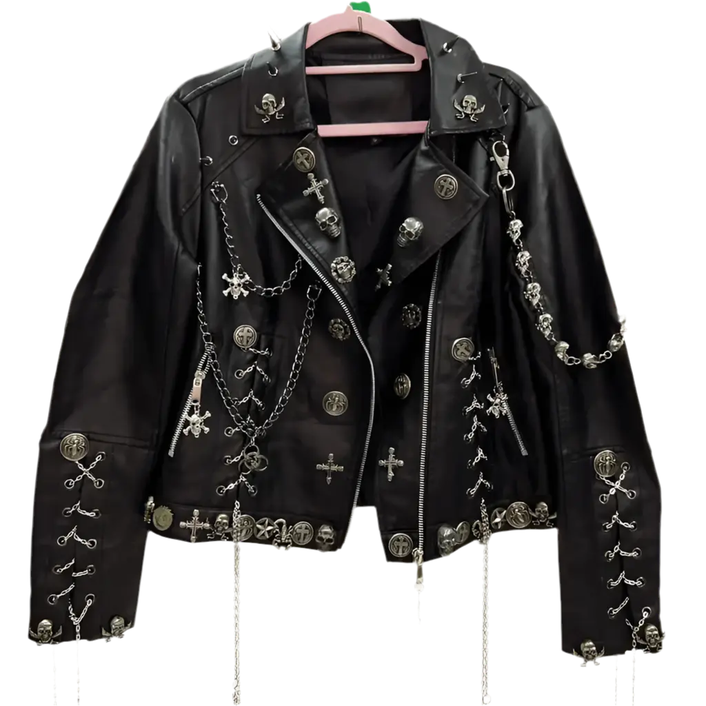 Gothpunk women’s leather Vintage Punk Gothic Cross, studded, Skull Jacket. Mojopriest PhD
