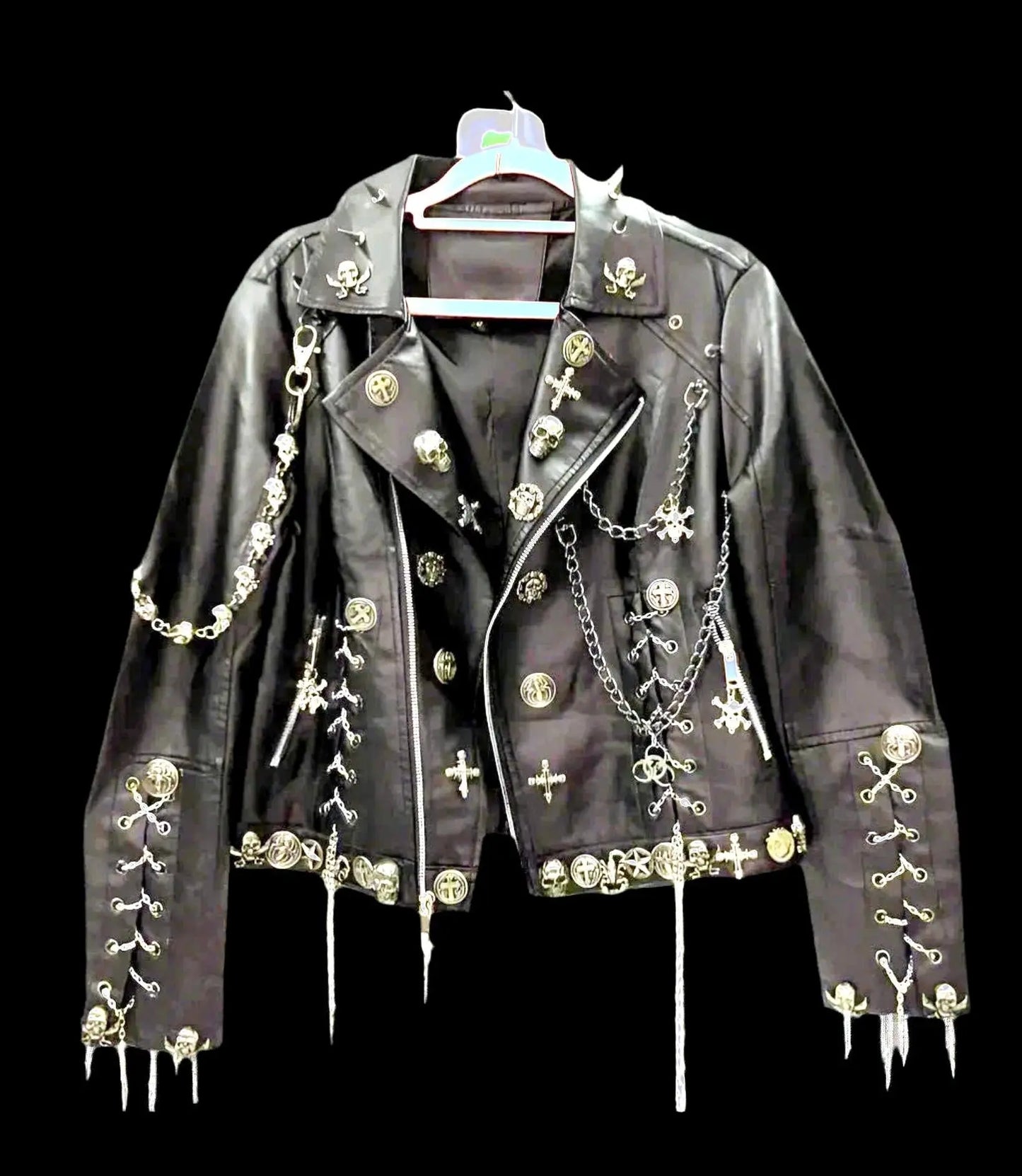 Gothpunk women’s leather Vintage Punk Gothic Cross, studded, Skull Jacket. Mojopriest PhD