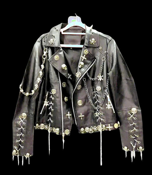 Gothpunk women’s leather Vintage Punk Gothic Cross, studded, Skull Jacket. Mojopriest PhD