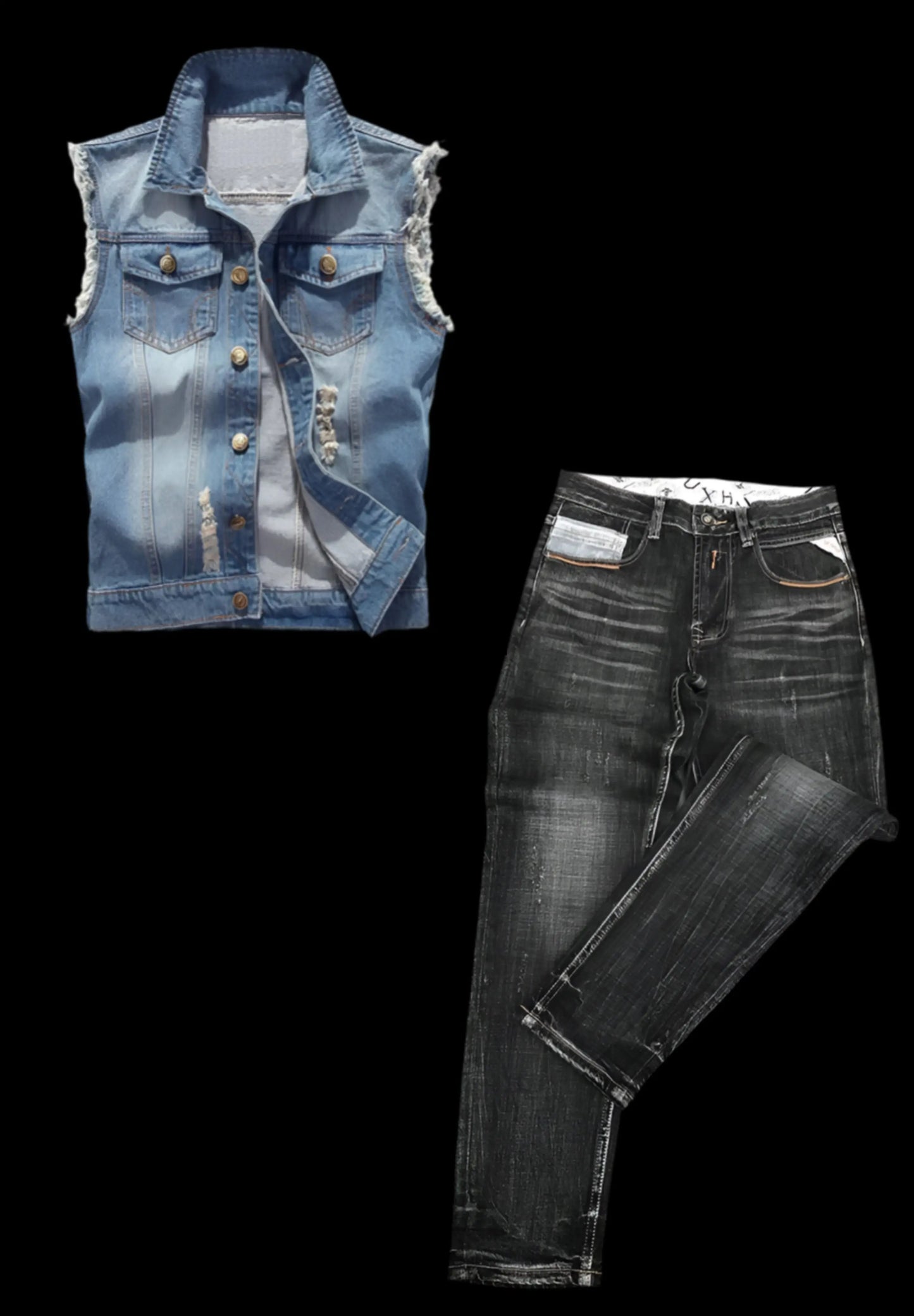 Denim outfit bundle 1. Punk style vest and jeans. Goth clothing, punk clothing